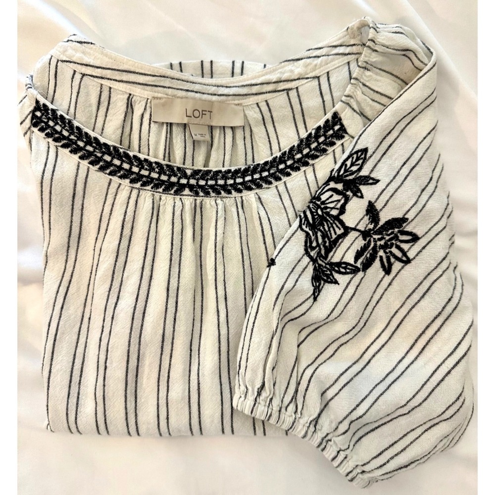 LOFT Linen Blend Striped Embroidered Puff Sleeve Peasant Blouse Size M/Boho